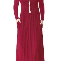 Maxi Dresses for Women Long Sleeve Loose Plain Round Neck Casual Long Dress with Pockets Red, L