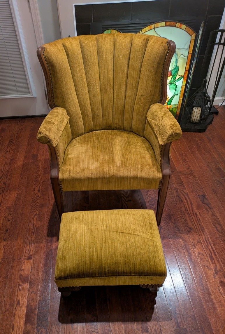 Mid Century Velvet Chair And Ottoman
