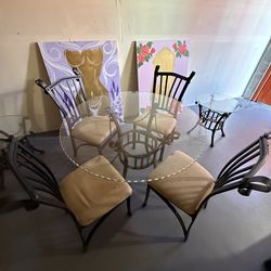 Round Glass Dining Table Set with 4 Chairs – Iron Base