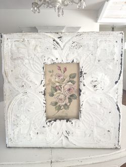 Antique Ceiling Tin Framed Christie REPASY WHITE & Pink ROSES Giclee Print- Shabby and Chic! Double Charm (right)