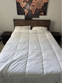 Industrial Queen Bed Frame with Wood Headboard + Matching Nightstands (3-Piece Set)