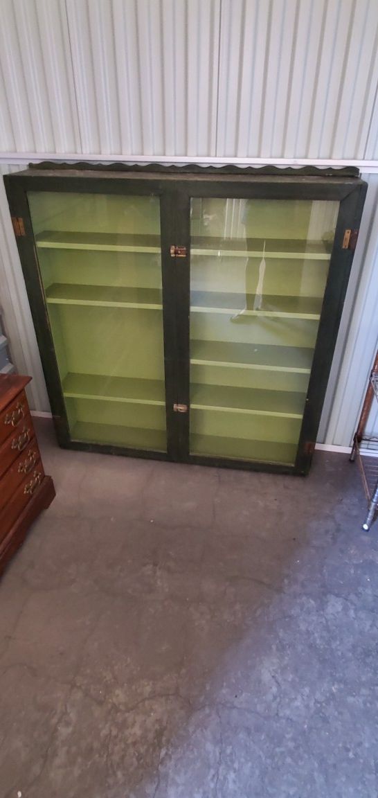 GORGEOUS Green Glass Curio Cabinet Antique Well Made Rare Latching Doors Unique One of a Kind Furniture
