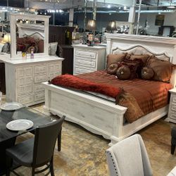 farm house  white  king bed  frame  4 pc bedroom set 