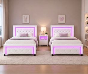 2 PCs Twin Bed Frame with LED Lights, Diamond Tufted Headboard, White