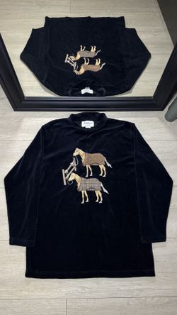 Vintage 1990s Embroidered Horses Stable With Blankets Velour Long Sleeve