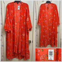 NWT Torrid Chiffon Hi Low Print Mix Kimono Ella Sketch Floral Mandarin Red Size 3X (22-24)