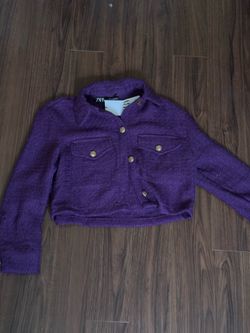 Zara Purple Cropped Tweed Jacket with Gold Buttons