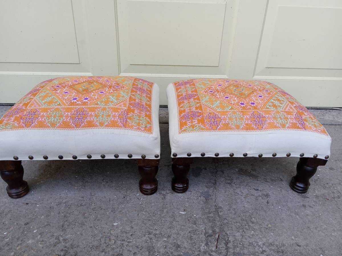 PAIR OF EMBROIDERED FOOTSTOOLS