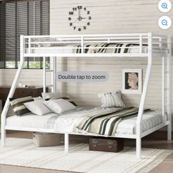 QJTC Metal Bunk Bed Twin Over Queen Size with Ladder & Guardrail, Metal Bed Frame for Teens Adults, Heavy Duty Sturdy Bunk Beds 