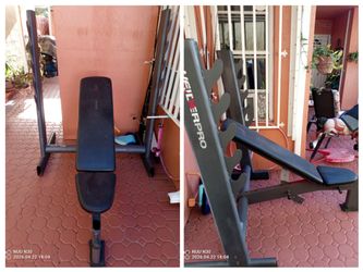 Weider adjustable weight bench with rack, steel weights, tree, bosu ball+