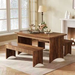 New assembled 55" Dining Table with 2 Benches, Dining Table Set for 4-6 People, Farmhouse Kitchen Table with Bench, Dining Room Table Set