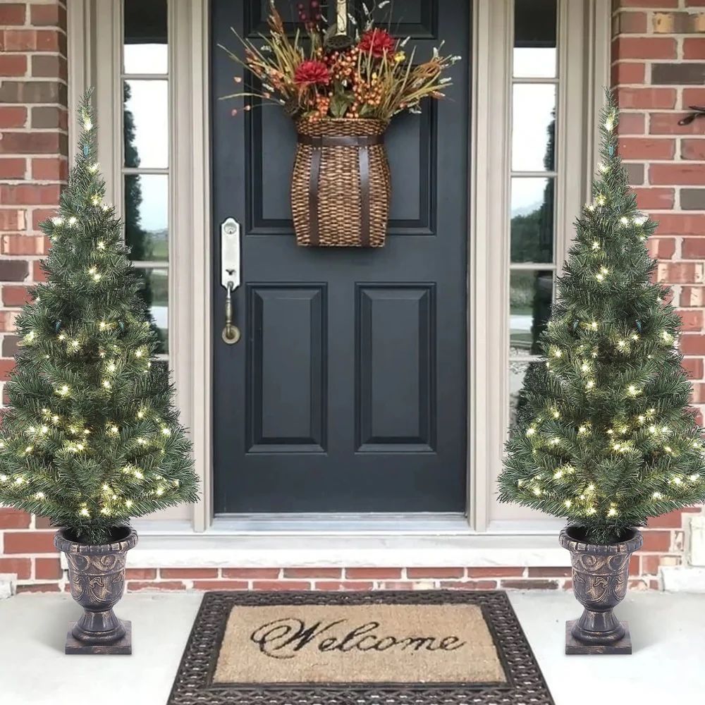 Outdoor Christmas Tree Set of 2 with Lights, 4 Ft Potted Decoration ,H137