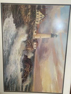 Beautiful Large Framed Portland Head Light Print – Maine Lighthouse with Crashing Waves