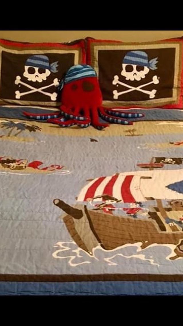 Pirate bedroom Set: Full/queen quilt, 2 shams, lamp, & canvas art