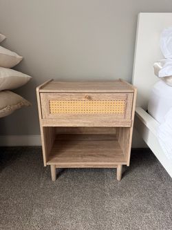 Light Wood & Cane Nightstand with Drawer