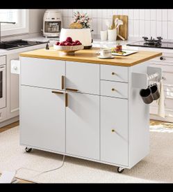 Kitchen Island Cart with Drop Leaf, Power Outlet, 3 Drawers & Rolling Storage, white