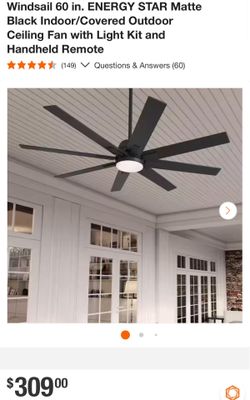Windsail 60 in. ENERGY STAR Matte Black Indoor/Covered Outdoor Ceiling Fan with Light Kit and Handheld Remote