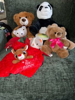 Cute Stuffed Animal Plush Lot - 7 Pieces (Includes Rudolph Lovey & Panda)