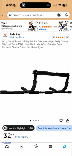 GOLD’S GYM Body Sport 3-In-1 Pull-Up Bar for Doorway, Upper Body Fitness Workout Bar - 300 lb. Max Limit, Multi-Grip Exercise Bar - Portable Fitness T