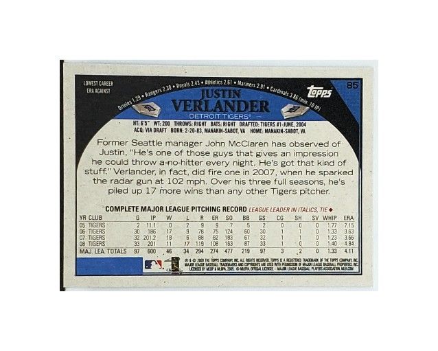 JUSTIN VERLANDER TARGET THROWBACK 2009 TOPPS #85, TIGERS, ASTROS, ROY, MVP, CY