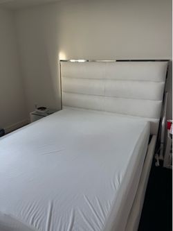 Modern White Upholstered Platform Bed + Mattress