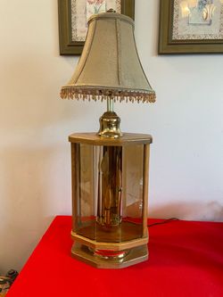 Vintage Hexagonal Lamp Solid Oak & Brass Base w/Amber Etched Glass Panels 🔻SEE BELOW🔻