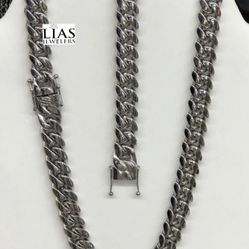 New 18k White Gold Cuban Link Chain And Bracelet 