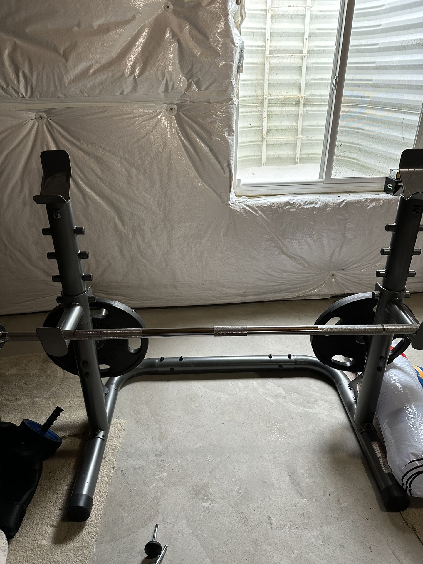Bench/Squat Rack With Barbell And Weights