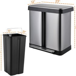 16 Gallon Dual Trash Can, 60L(2x30L) Stainless Steel Kitchen Garbage Can, Step-on Classified Recycle Garbage Bin with Removable Inner Bucket