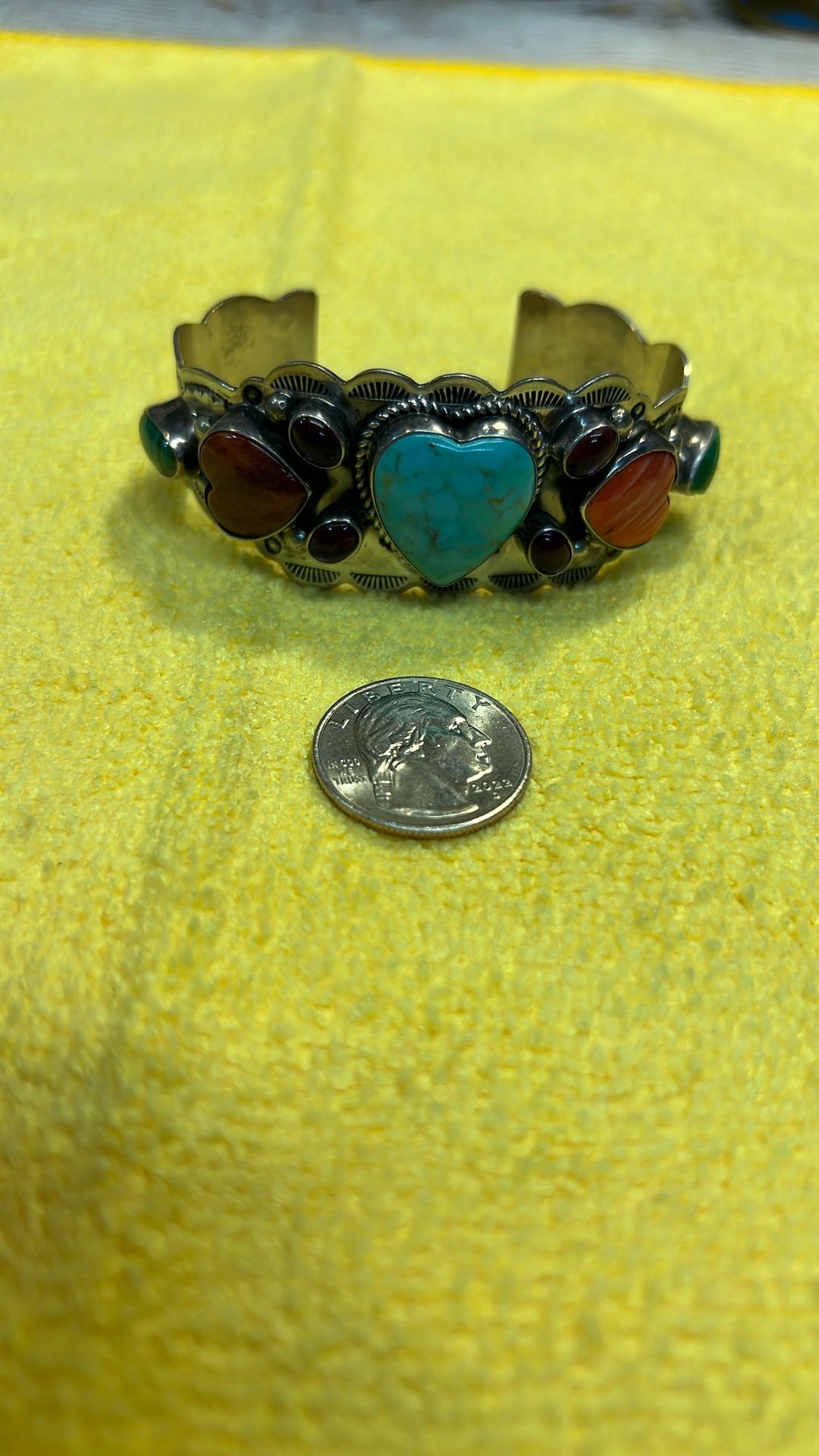 Vintage sterling silver wrist bracelet with turquoise, green, jade, purple, amethyst, and red amethyst very nice piece