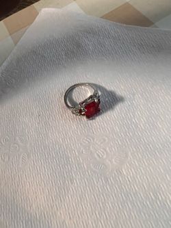 Silver Tone Cocktail Ring Size 9-10 Red Cushion Crystal Center Accents