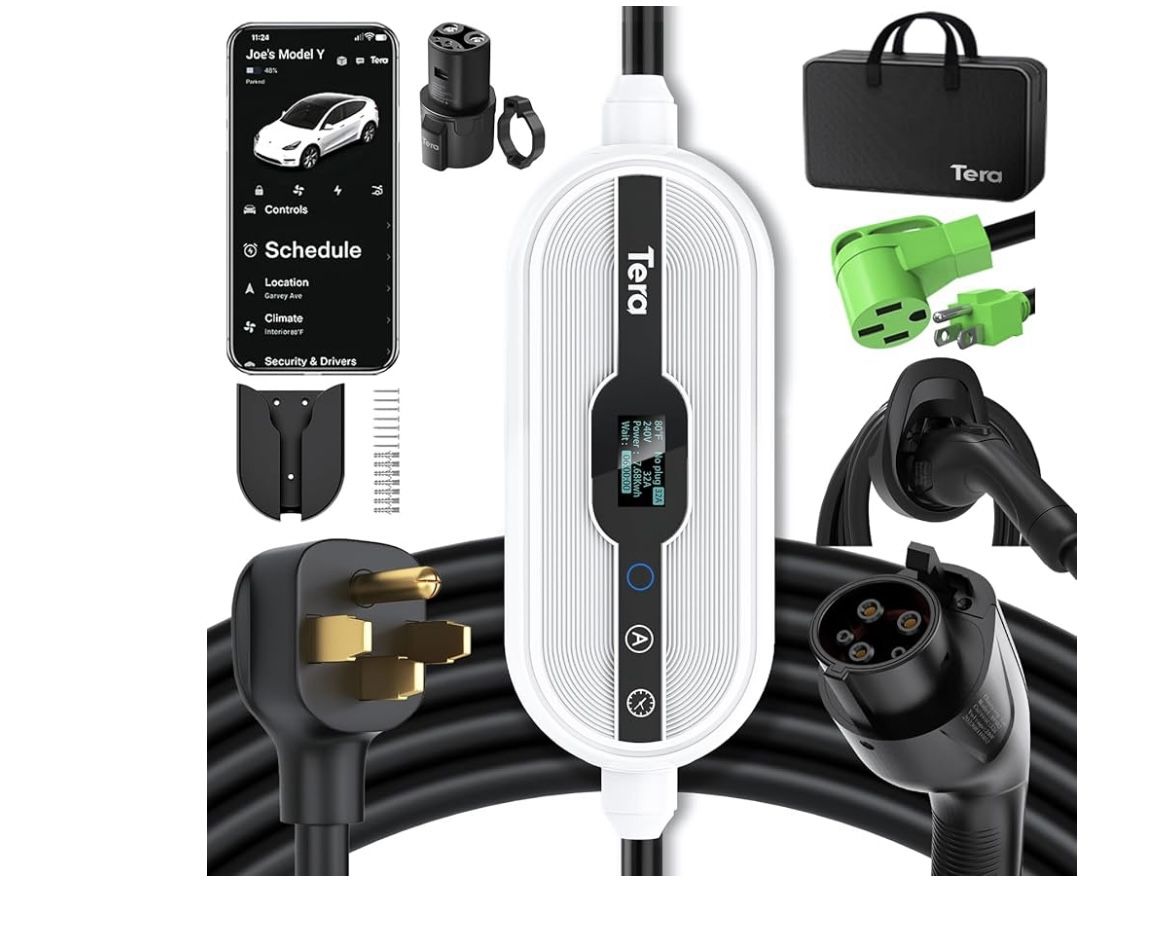 Tera Electric Vehicle Charger Level-1: Level 2 for Tesla J1772 EV 32A 8A 110V 240V Portable & Wall Connector Dual Use ETL NEMA 14-50 & 5-15 Wi-Fi Enab
