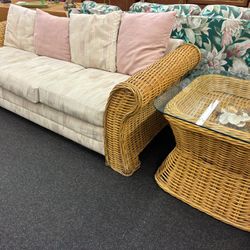 Wicker Sofa With 2 End Tables With Glass Tops