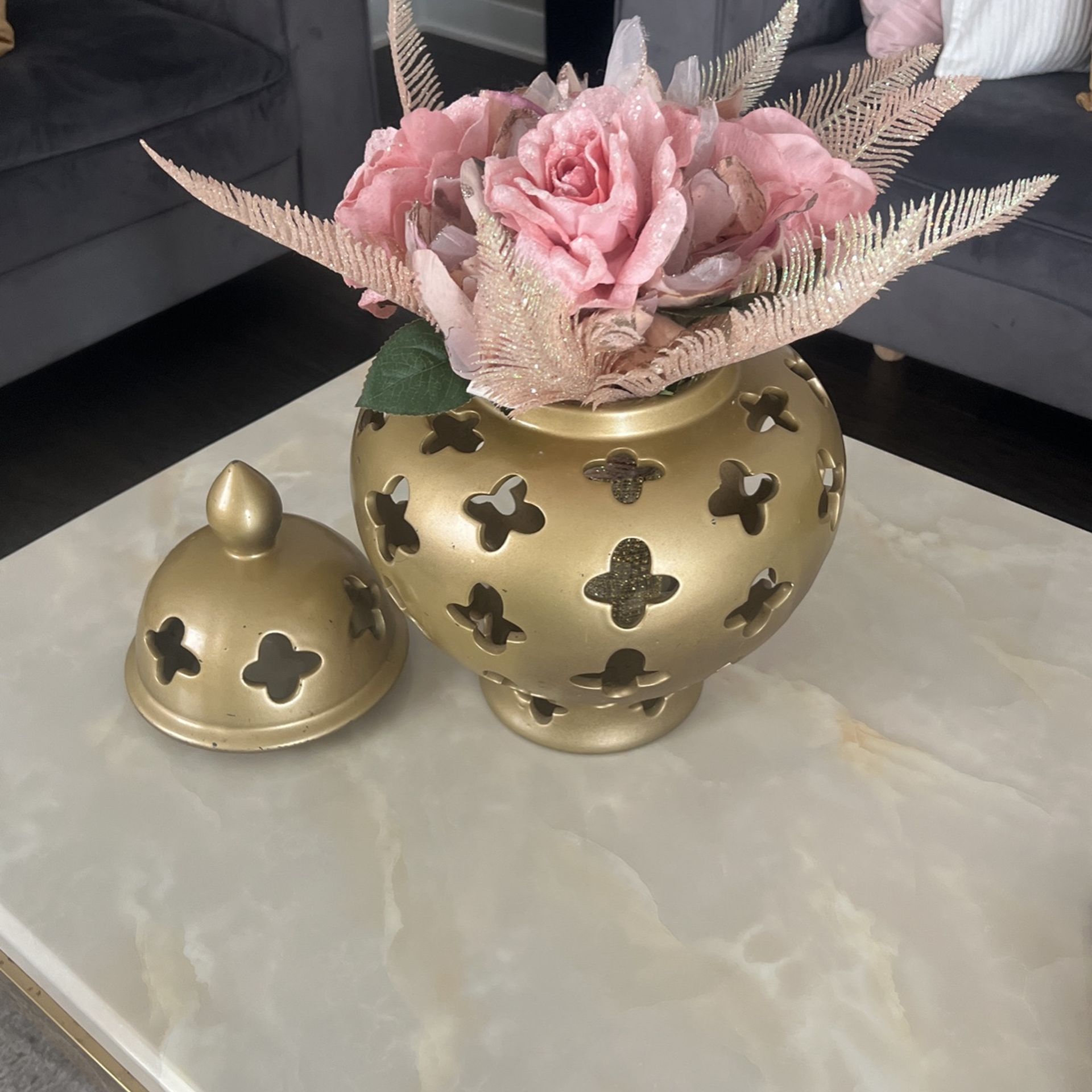 Gold Vase with Pink Fake Flowers
