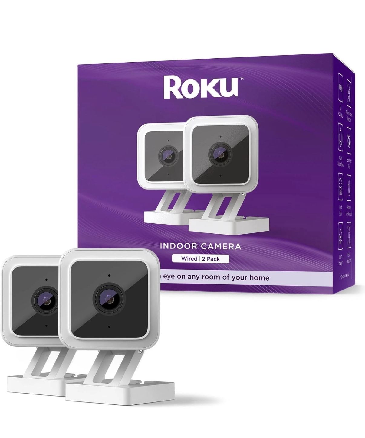Roku CS1000P25 Smart Home Indoor Camera (2-Pack) Wired Security 1080p HD *NEW*