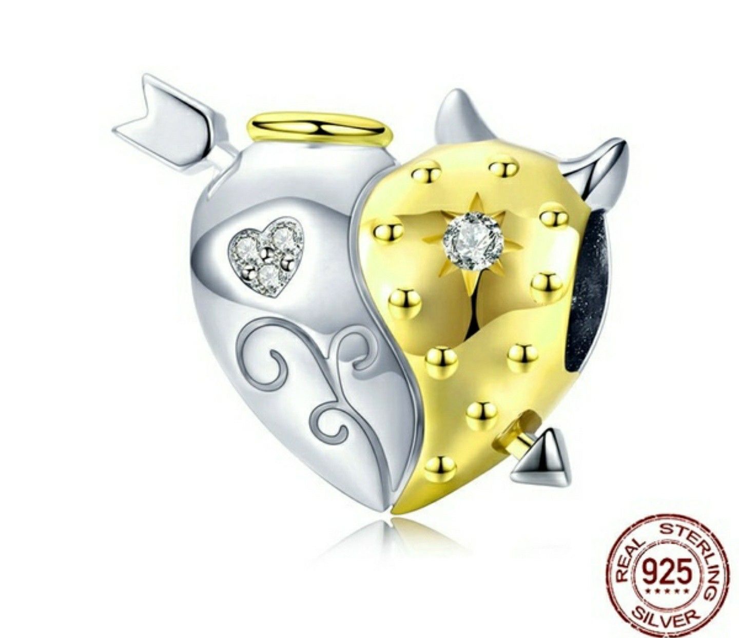 (Shipped Only) 925 Sterling Silver Angel & Devil Heart Charm Bead