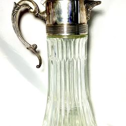 Vintage Crystal Glass Pitcher Silver Plate Carafe With Ornate Handle 14"H