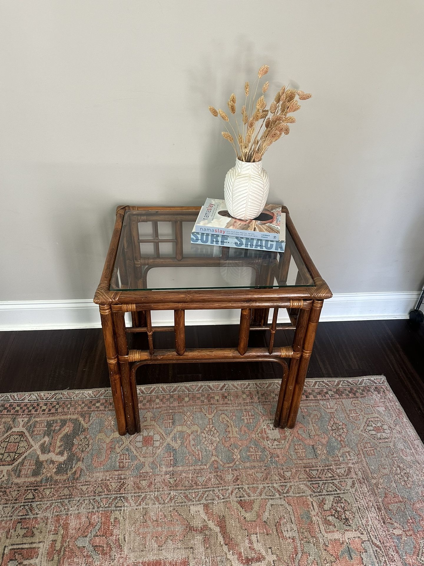 Rattan End Table With Glass Top