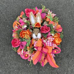 Easter Bunny Wreath Wall Hanging Front Door Spring Rabbit Floral Pink Orange 22"