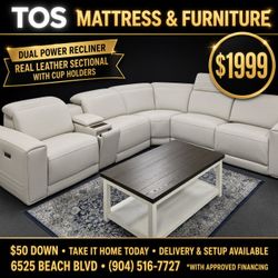 Real Leather Dual Power Recliner Sectional with Cup Holders 🚚WE DELIVER🚚