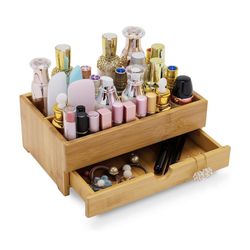 GOBAM Makeup Storage Drawer Organizer Bamboo Wood Cosmetic Display Box, Large Capacity Bathroom Beauty Countertop Organizer, Great for Bathroom Dresse