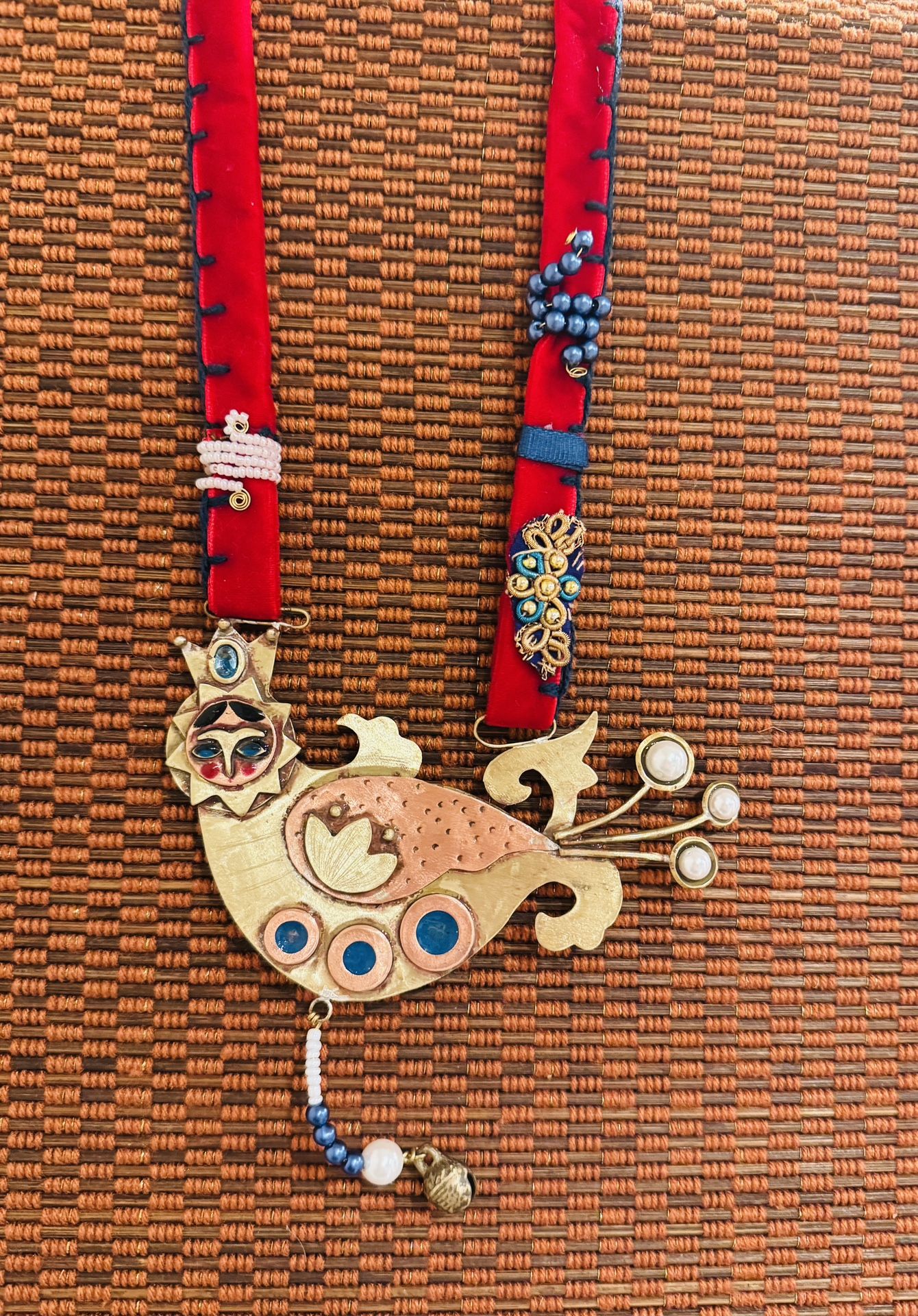 Vintage Modernist Mixed Handcrafted Metals Bird Pendant Necklace