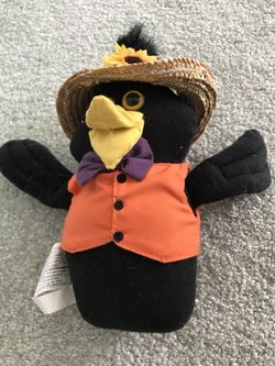 Plush Crow Wearing A Straw Hat And Orange Vest