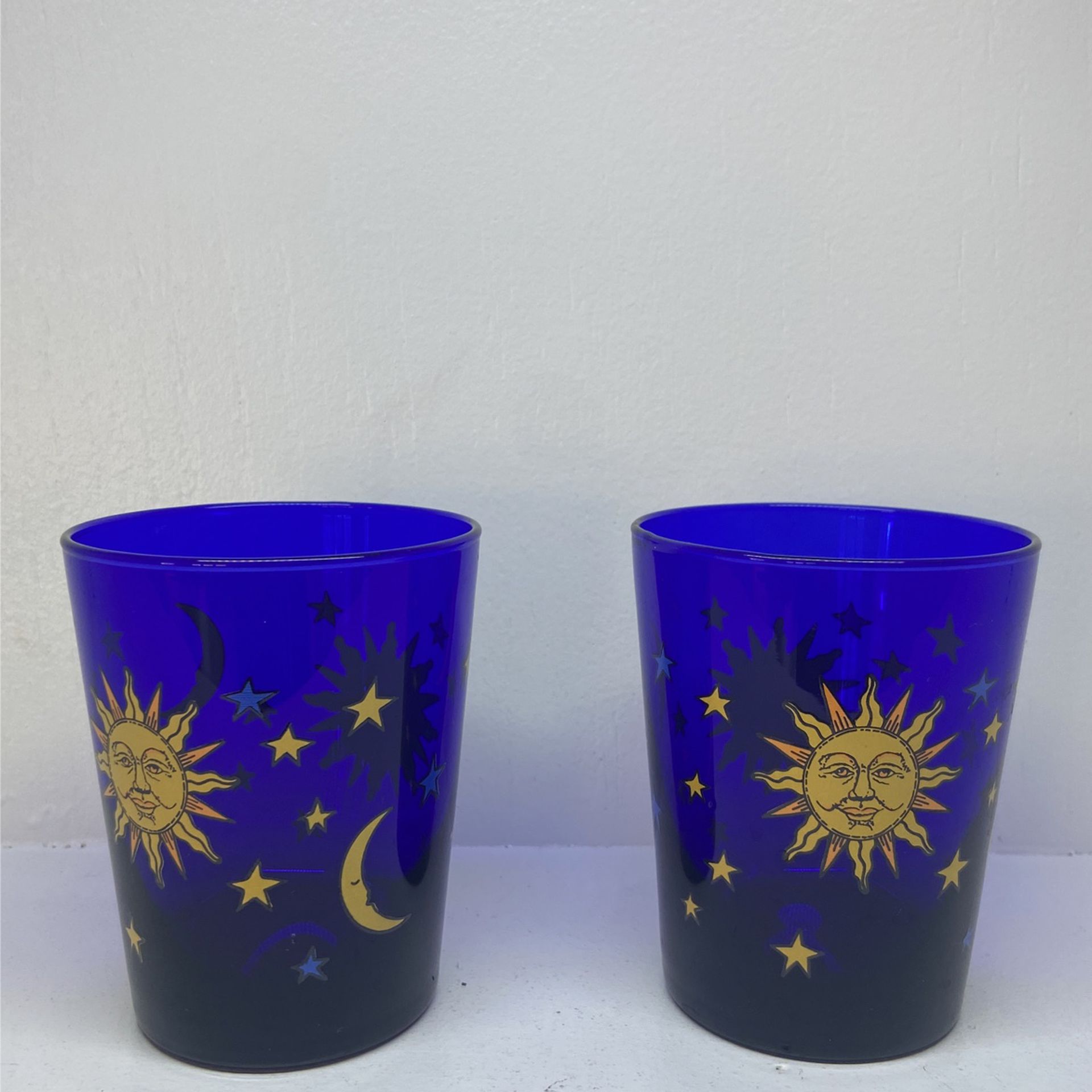 2 Set /Vintage Cobalt Blue Libbey Celestial Moon Sun Stars Tumbler/Glass