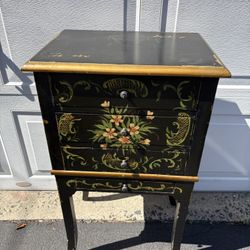 Vintage Chinoiserie Style Black Chest of Drawers Hand Painted Floral Motif