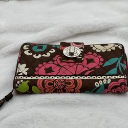 Vera Bradley Turn Lock Wallet Brown With Multicolored Flowers & Hot Pink Lining Great Condition 