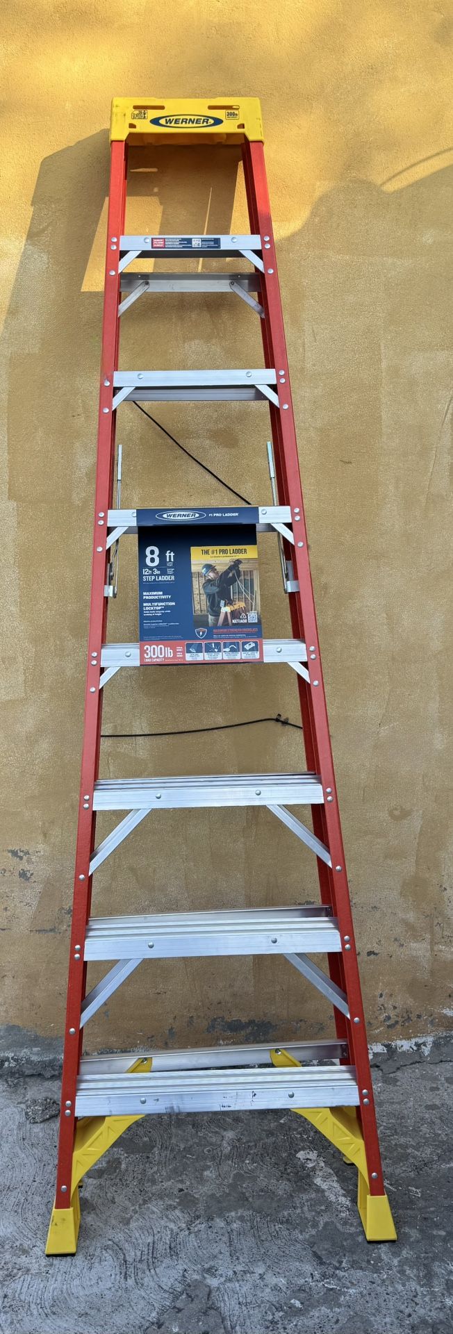 Werner 8 ft. Fiberglass Step Ladder (12 ft. Reach Height) with 300 lb. Load Capacity New