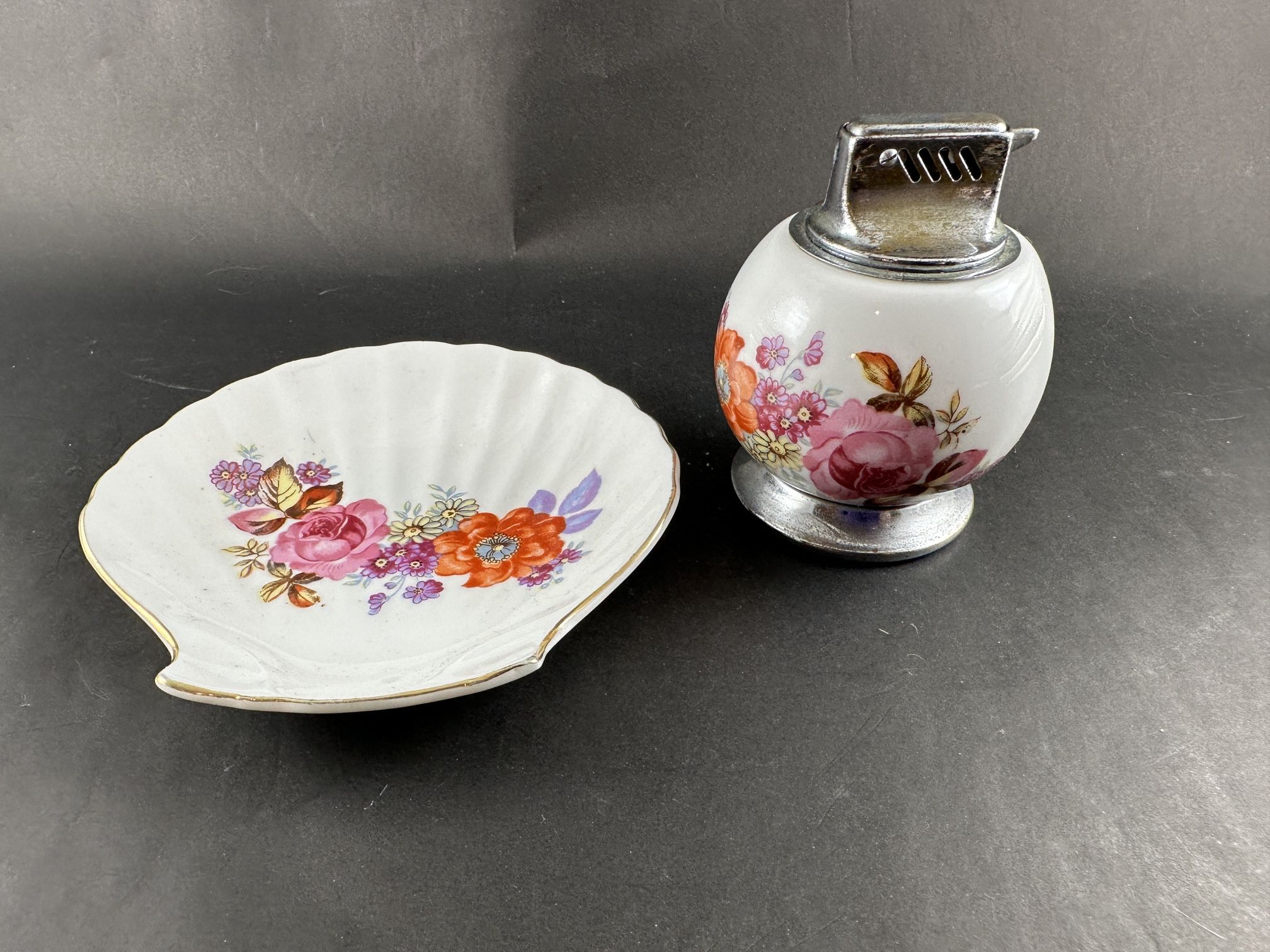 VTG Bone China NBK Nikko China Speciality Floral Table Lighter & Shell Trinket Dish Holder/Ashtray 