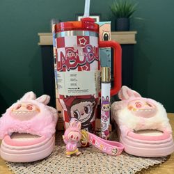 Valentine’s Cozy Bundle 💗 Pink Labubu Slippers + Stanley + Perfume + Keychain