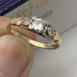 14K Solid White & Yellow Gold Natural Diamond Ring Sz 6 /2